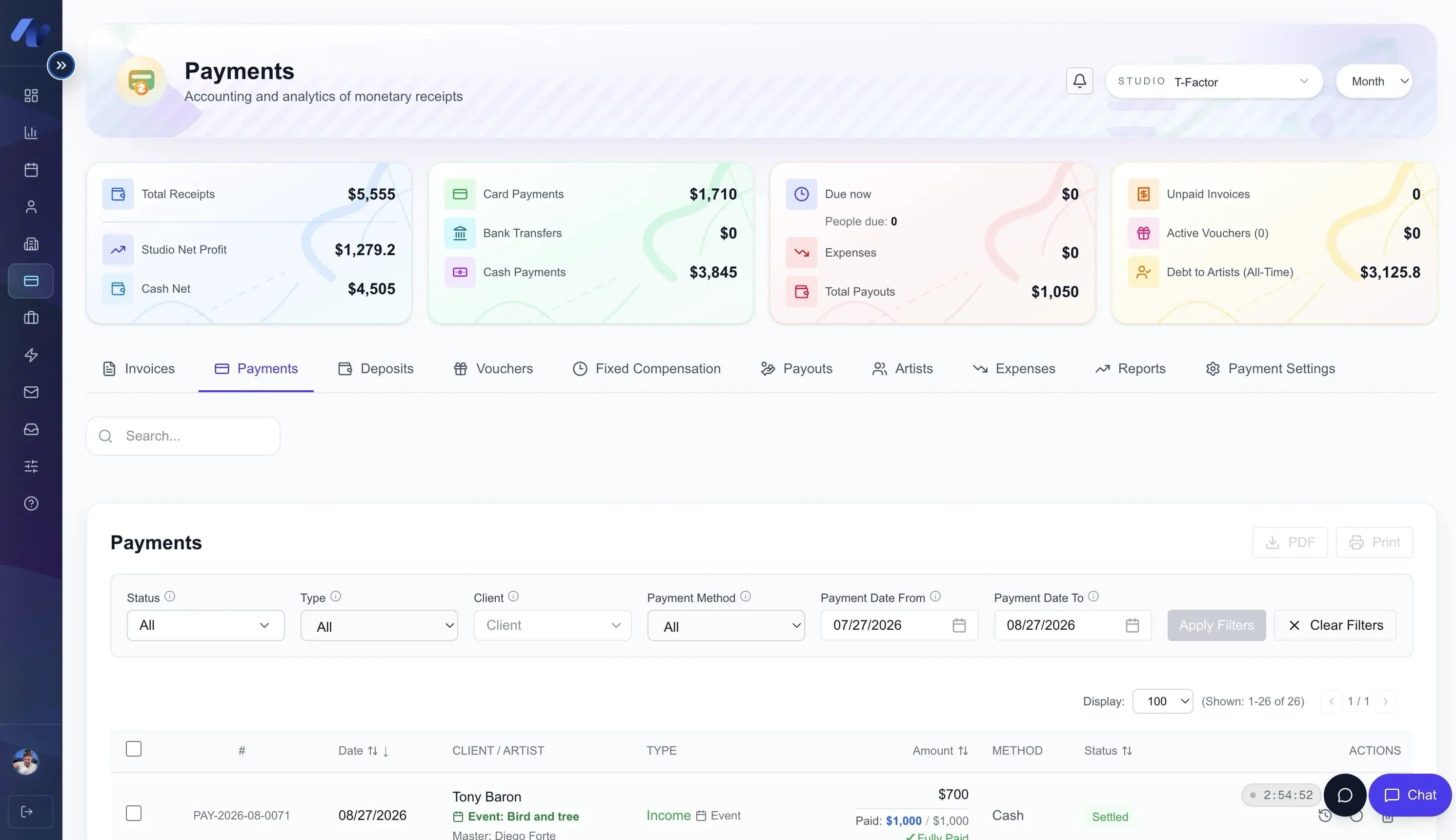 InkLinka finance center with payments, deposits, payouts, invoices, vouchers, expenses and reports