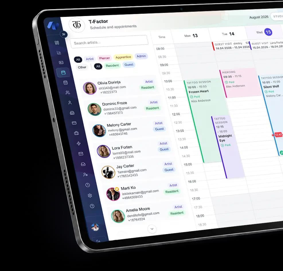 InkLinka web workspace shown on a tablet with calendar, artists and studio tools
