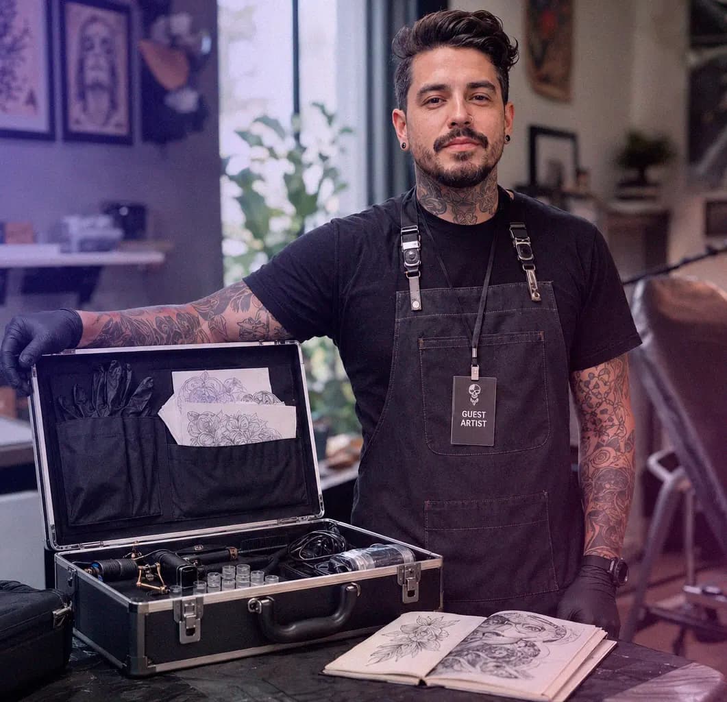 Guest tattoo artist preparing for a studio visit with professional tattoo equipment