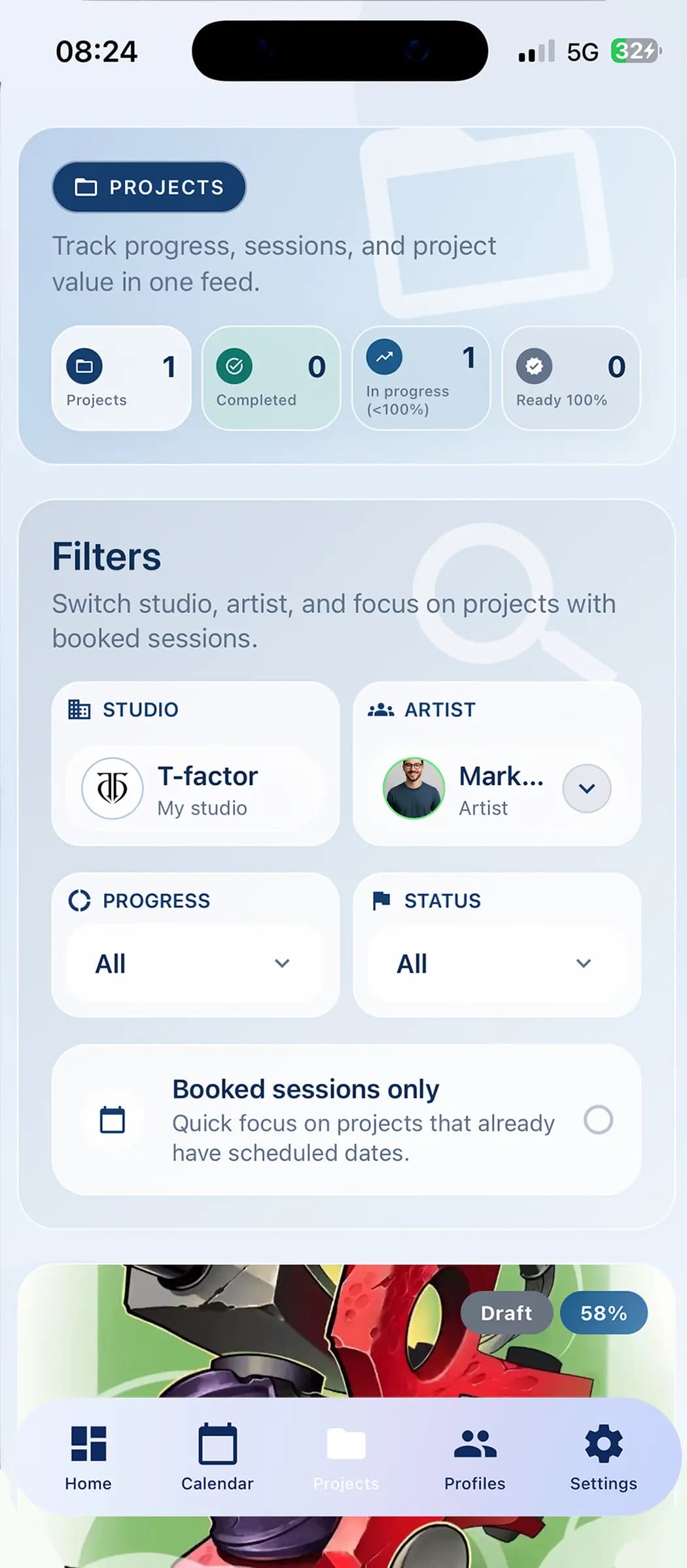 InkLinka mobile projects screen with project filters, booked sessions and studio selection