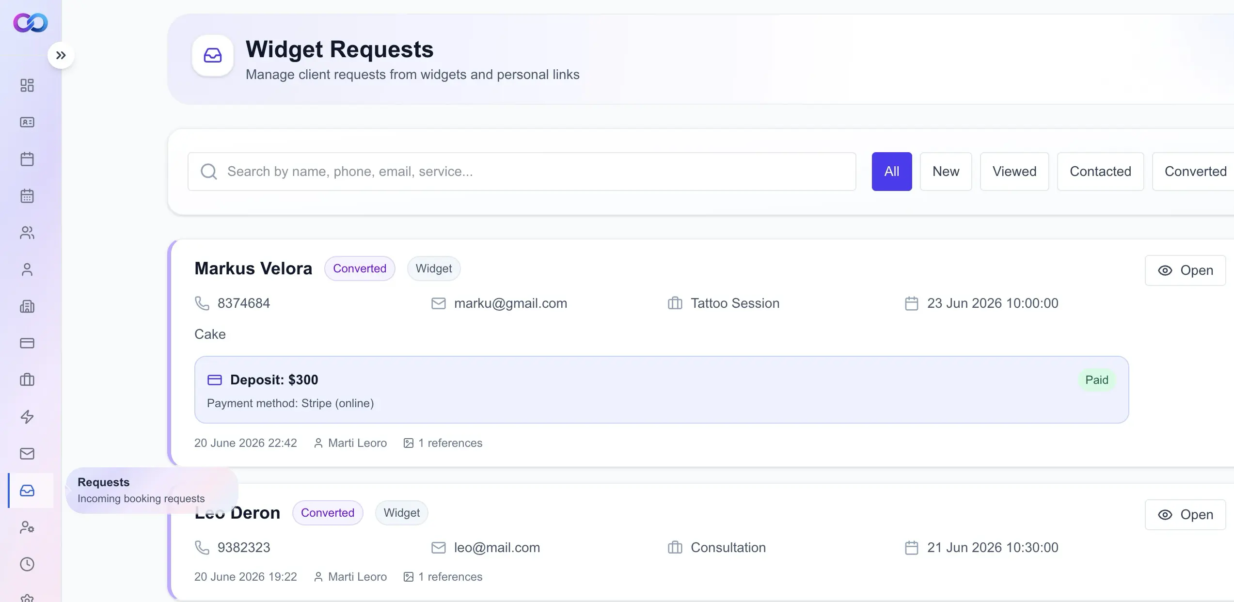 Détails d’une demande Widget InkLinka avec statut du dépôt Stripe