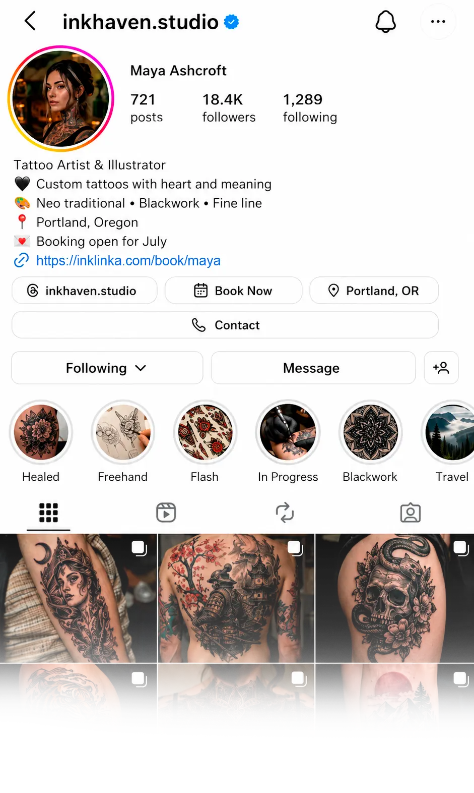 Profil Instagram avec un lien personnel de réservation InkLinka