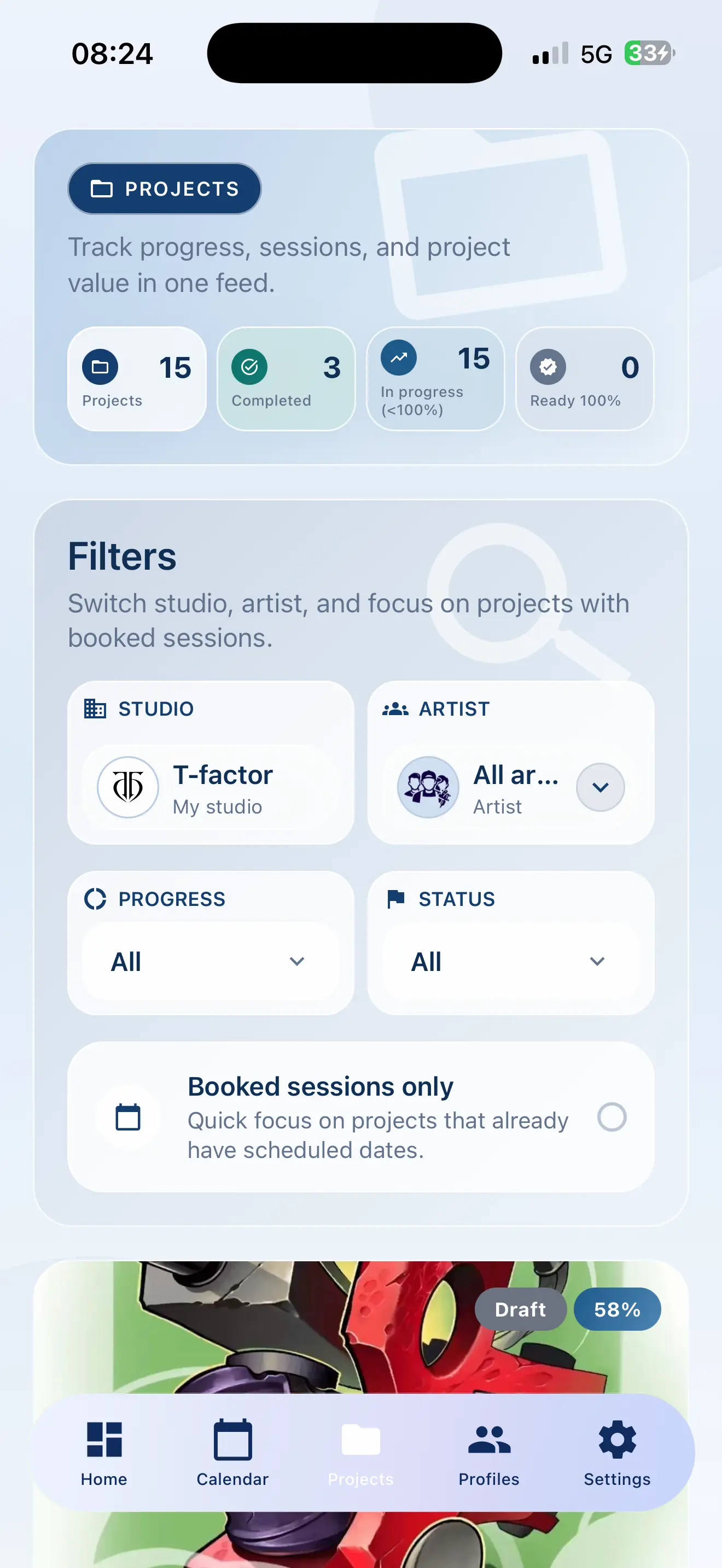InkLinka projects list on mobile