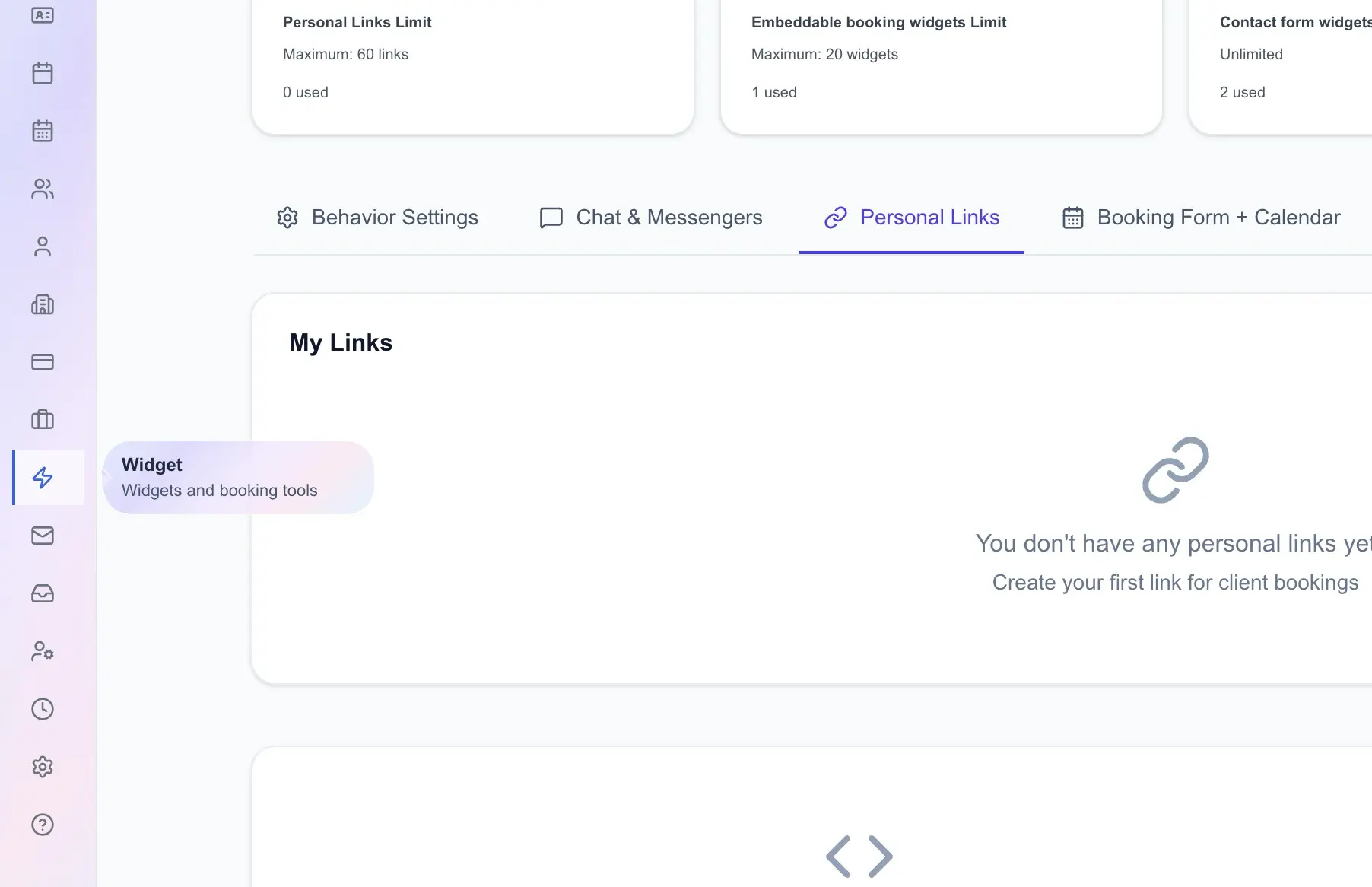Écran des liens personnels dans Widget InkLinka